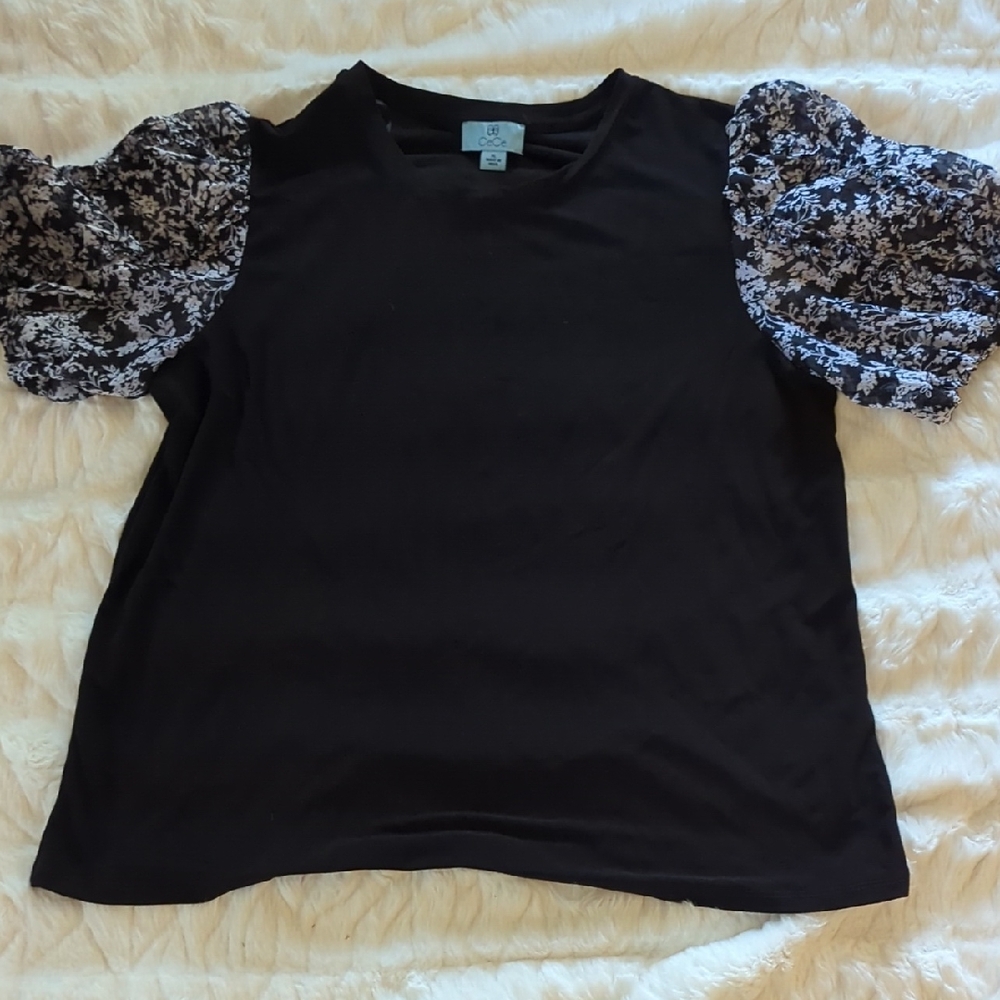 CeCe Black Top with Floral Puff Sleeves